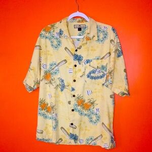 Tommy Bahama Silk Shirt Blue & Orange Tropical Print Copyright Pattern Medium